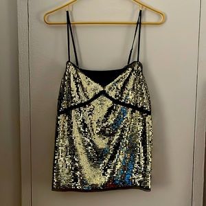 J. Crew gold sequin tank with black mesh trim